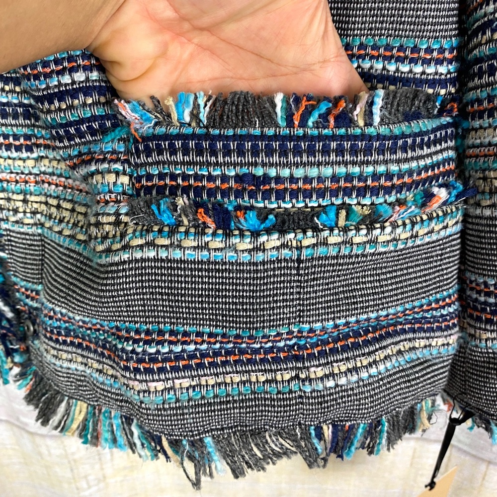 HALOGEN RAW EDGE Tweed Jacket Blue Navy Fringe - Picture 9 of 10